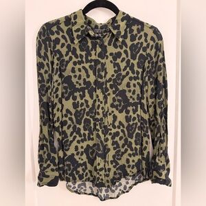 Topshop Olive & Black Leopard Print Button Down Shirt Top - Size 4